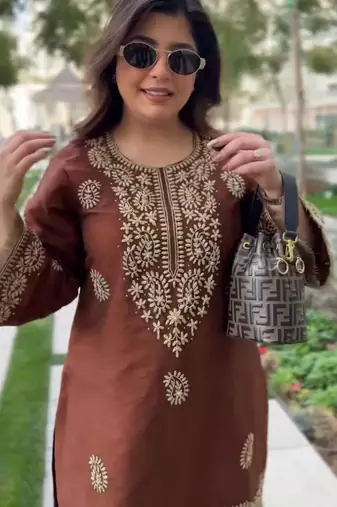 Brown rayon embroidered kurta-sets