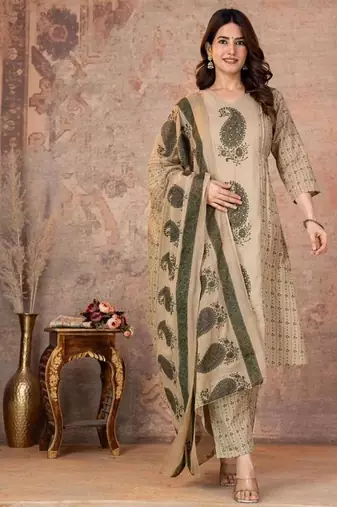 Cotton straight kurti-pant-dupatta set