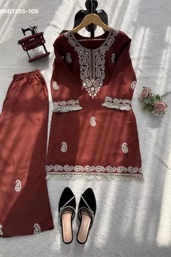 Brown rayon embroidered kurta-sets