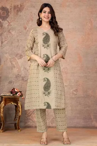 Cotton straight kurti-pant-dupatta set