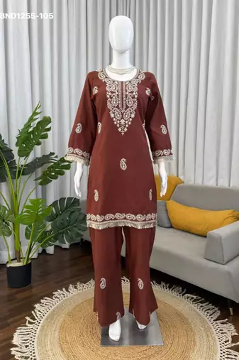 Brown rayon embroidered kurta-sets