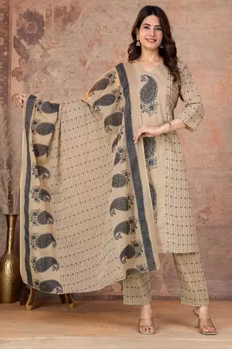 Cotton straight kurti-pant-dupatta set