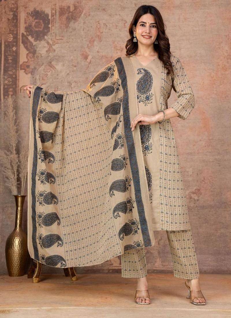 Cotton straight kurti-pant-dupatta set