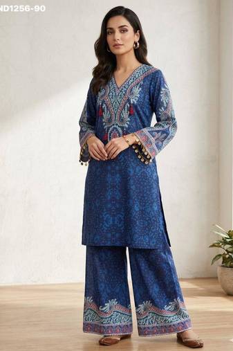Dark-blue crepe printed kurta-sets