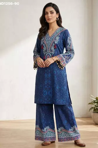 Dark-blue crepe printed kurta-sets
