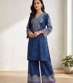 Dark-blue crepe printed kurta-sets