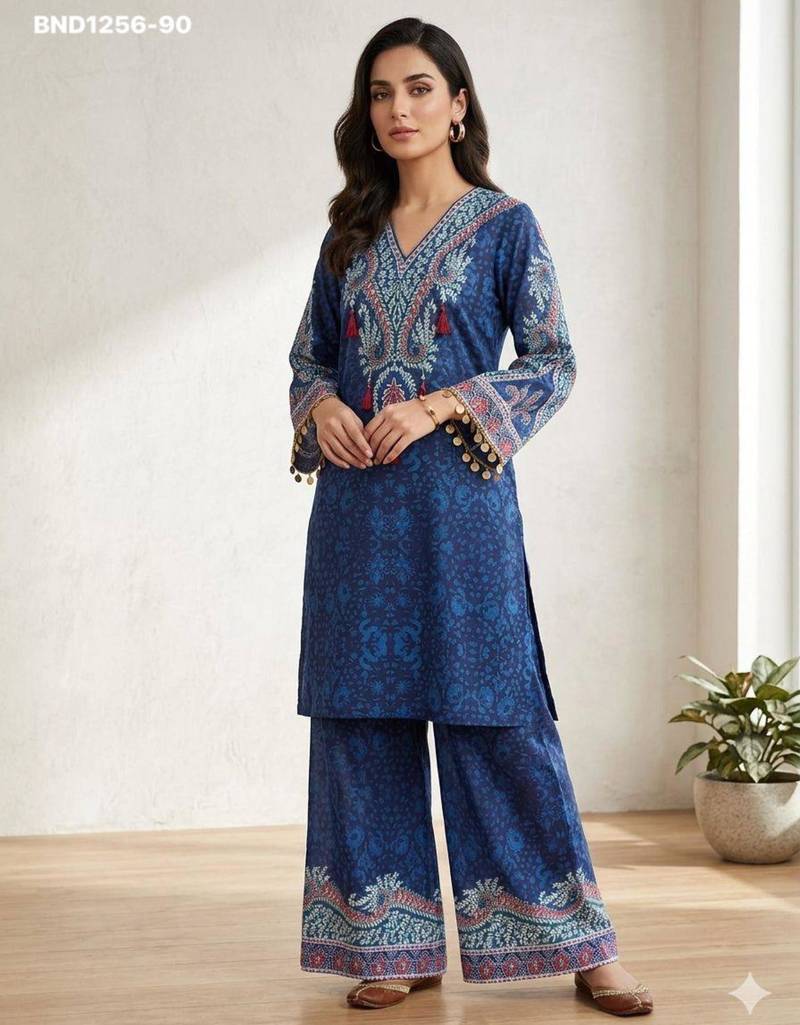 Dark-blue crepe printed kurta-sets