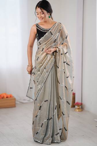 Chiku color fendy satin beautiful rich feel ceremonial looks saree