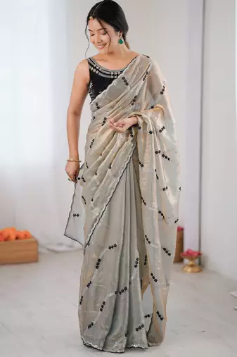 Chiku color fendy satin beautiful rich feel ceremonial looks saree