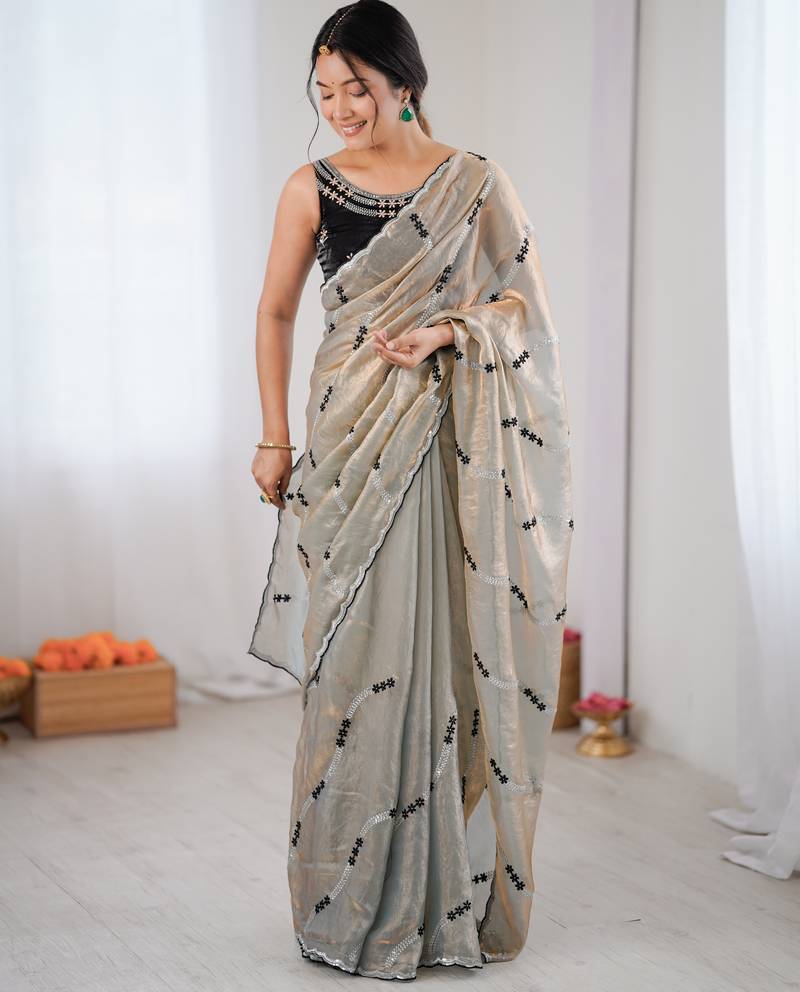 Chiku color fendy satin beautiful rich feel ceremonial looks saree