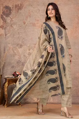 Cotton straight kurti-pant-dupatta set