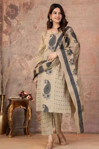 Cotton straight kurti-pant-dupatta set