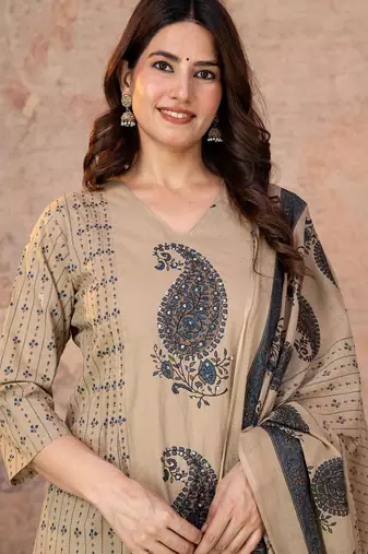 Cotton straight kurti-pant-dupatta set