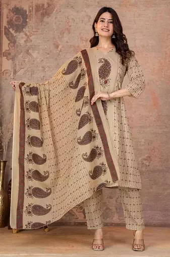 Cotton straight kurti-pant-dupatta set