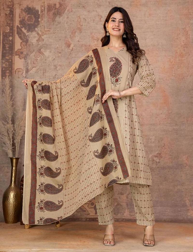 Cotton straight kurti-pant-dupatta set