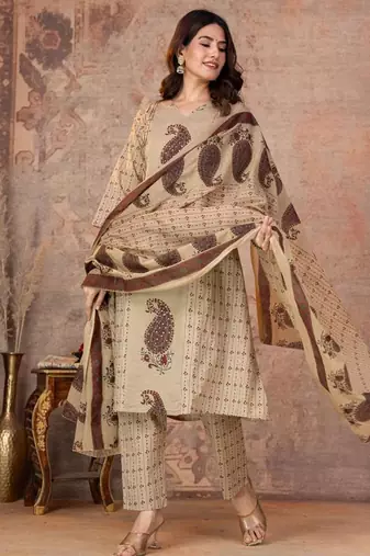 Cotton straight kurti-pant-dupatta set