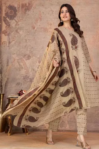 Cotton straight kurti-pant-dupatta set