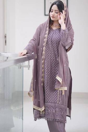 Lavender georgette embroidered kurta-sets