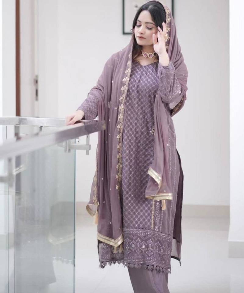 Lavender georgette embroidered kurta-sets