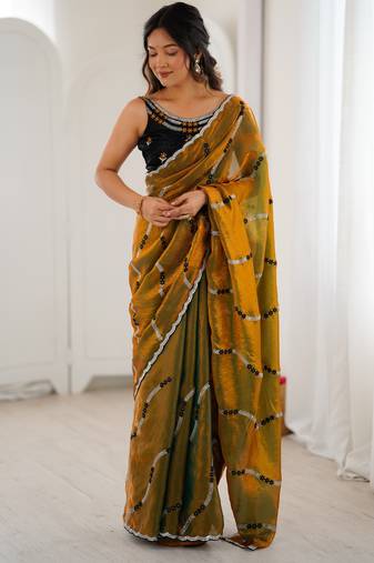 Gold color fendy satin beautiful rich feel ceremonial looks saree