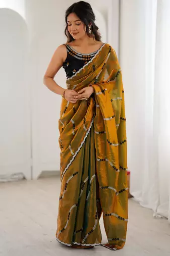 Gold color fendy satin beautiful rich feel ceremonial looks saree