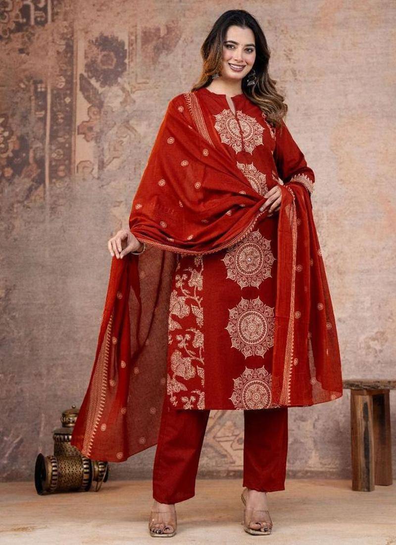Cotton cambric printed straight kurti-pant-dupatta set
