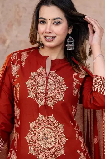Cotton cambric printed straight kurti-pant-dupatta set