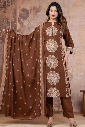 Cotton cambric printed straight kurti-pant-dupatta set