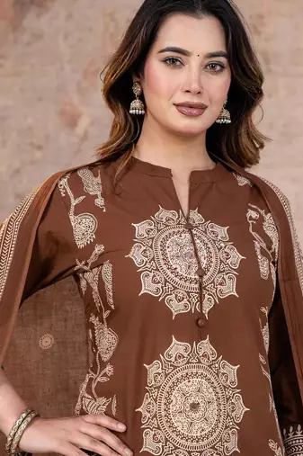 Cotton cambric printed straight kurti-pant-dupatta set