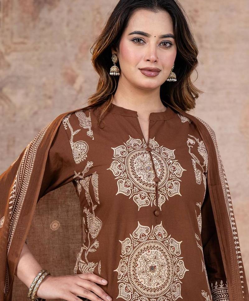 Cotton cambric printed straight kurti-pant-dupatta set