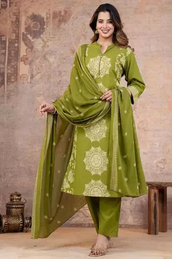 Cotton cambric printed straight kurti-pant-dupatta set