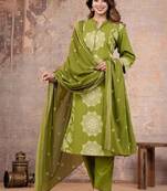 Cotton cambric printed straight kurti-pant-dupatta set