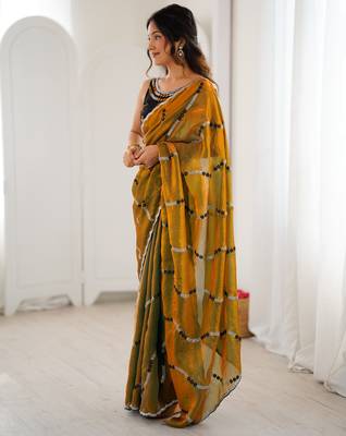 Gold color fendy satin beautiful rich feel ceremonial looks saree 4