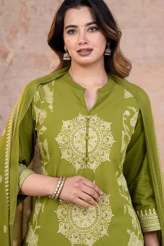 Cotton cambric printed straight kurti-pant-dupatta set