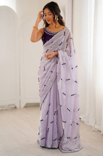 Lavender color fendy satin beautiful rich feel ceremonial looks saree