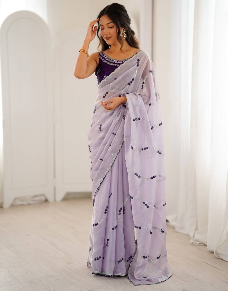 Lavender color fendy satin beautiful rich feel ceremonial looks saree