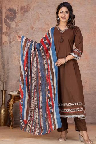 Cotton anarkali kurti-pant-dupatta set