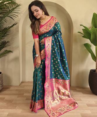 Teal color silk blend saree 2