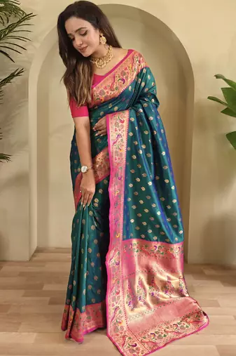 Teal color silk blend saree