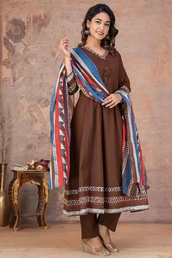 Cotton anarkali kurti-pant-dupatta set