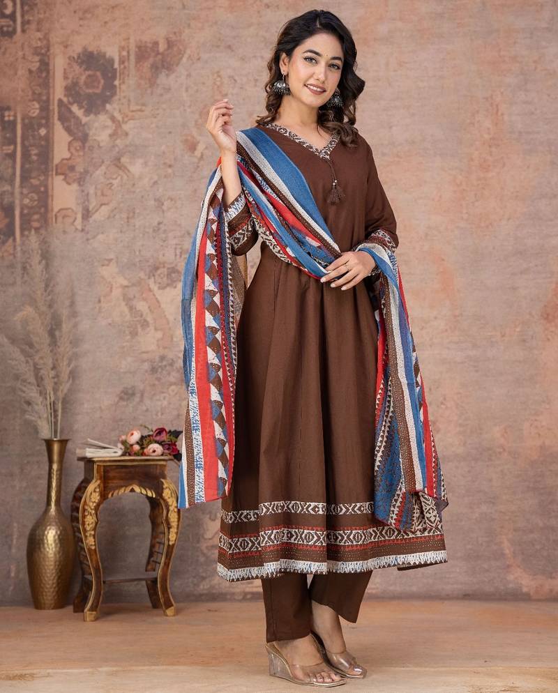 Cotton anarkali kurti-pant-dupatta set