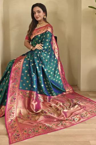 Teal color silk blend saree