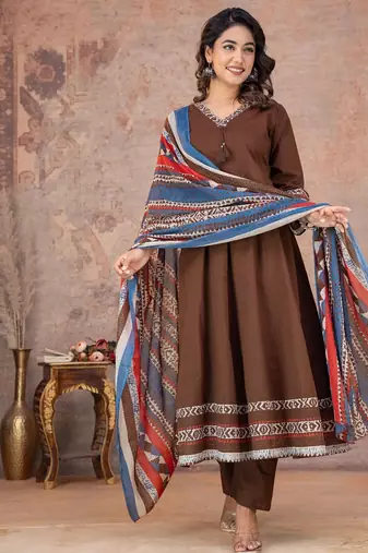 Cotton anarkali kurti-pant-dupatta set