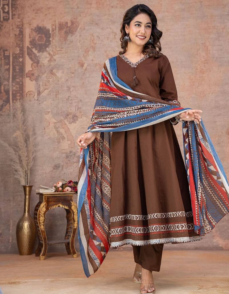 Cotton anarkali kurti-pant-dupatta set