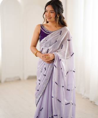 Lavender color fendy satin beautiful rich feel ceremonial looks saree 3