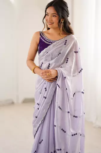 Lavender color fendy satin beautiful rich feel ceremonial looks saree