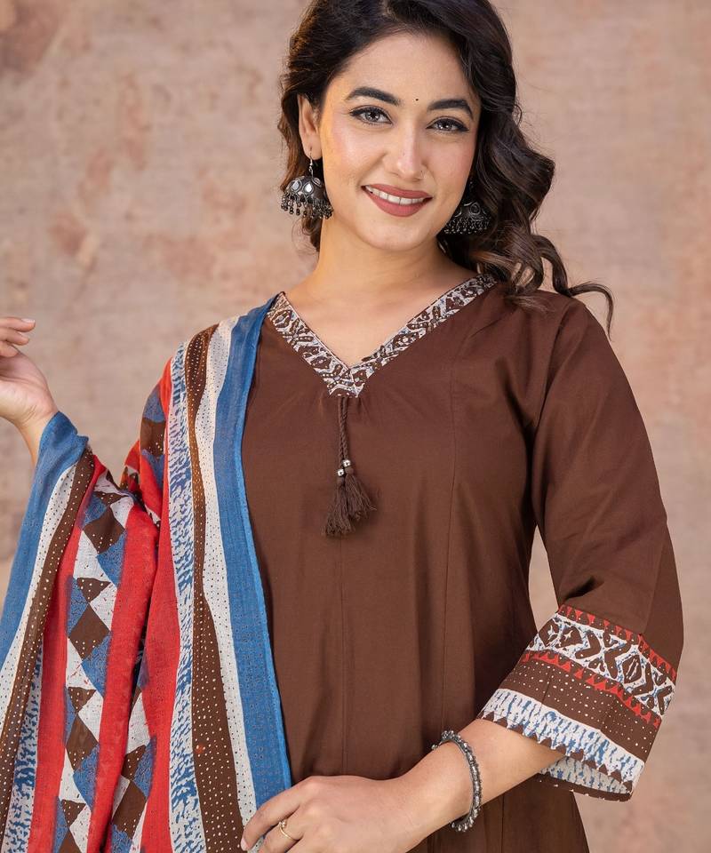 Cotton anarkali kurti-pant-dupatta set