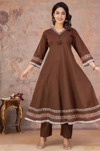 Cotton anarkali kurti-pant-dupatta set