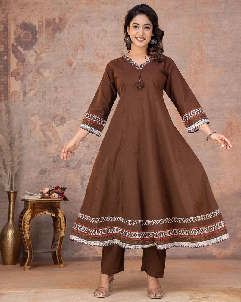 Cotton anarkali kurti-pant-dupatta set
