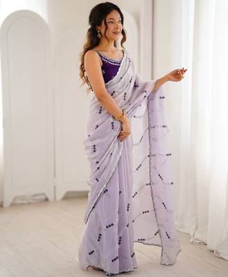 Lavender color fendy satin beautiful rich feel ceremonial looks saree 4